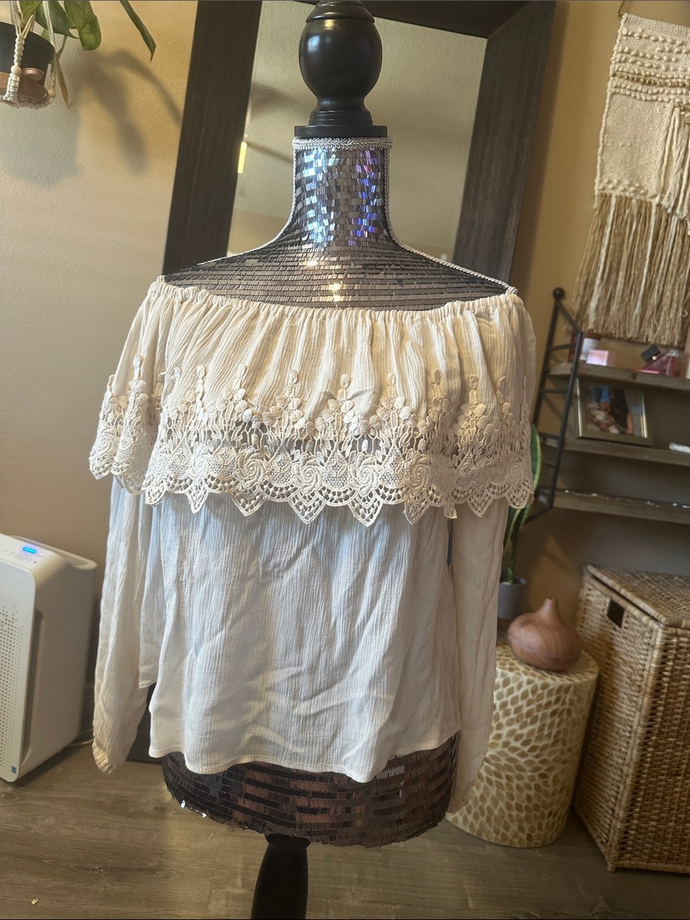 Women's Off-Shoulder Crochet Trim Blouse in Cream